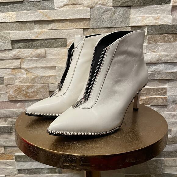 BCBGeneration Ivory White Leather Studded Zip Heeled Booties | Y2K Style, 5M - Picture 10 of 11